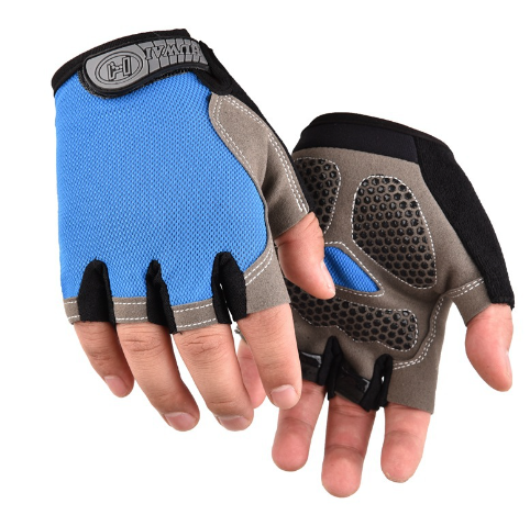 Blue and gray half-finger cycling gloves with textured palm grip panels