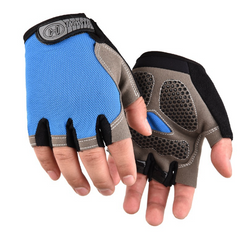 Blue and gray half-finger cycling gloves with textured palm grip panels