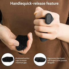 Black spring hand trainer on fingers with textured suction-style grip pad