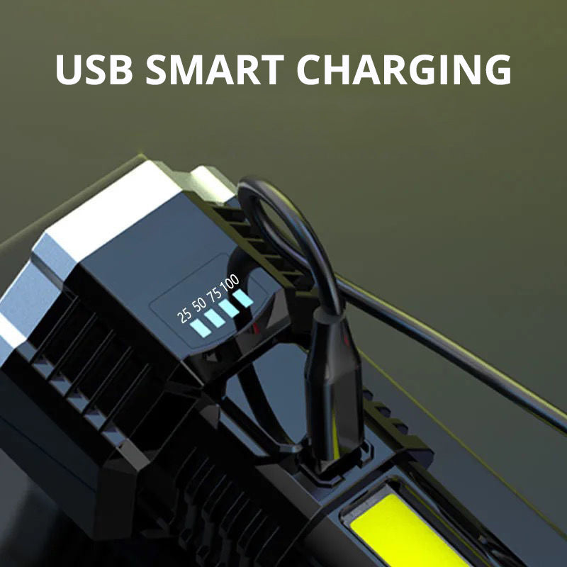Black flashlight with USB charging port and digital display on the side panel