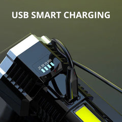 Black flashlight with USB charging port and digital display on the side panel