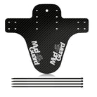 Carbon fiber mountain bike mudguard with white MXGuard logo and mounting straps