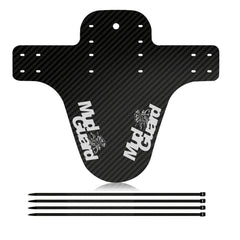 Carbon fiber mountain bike mudguard with white MXGuard logo and mounting straps