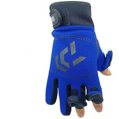 Three-finger fishing gloves, blue with dark wrist and gray arrow logo