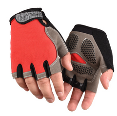 Half-finger cycling gloves, red and black with textured grip palm and gray panels
