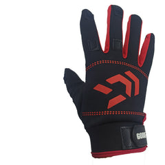 Three-finger fishing gloves, black with navy fingers and red arrow logo