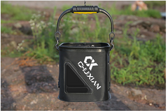 Black collapsible fishing water bucket with carry handles, top opening, front logo