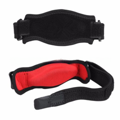 Adjustable sports elbow brace with black strap and red EVA padding