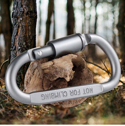 Silver D-shaped aluminum carabiner clip with spring-loaded gate latch
