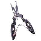 Fishing hook remover pliers with dark handles and red accents, silver jaws