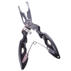 Fishing hook remover pliers with dark handles and red accents, silver jaws