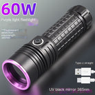 Black UV flashlight with purple lens, ridged grip, and side button