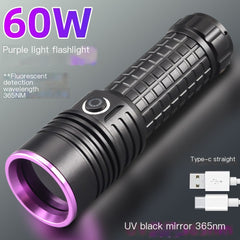 Black UV flashlight with purple lens, ridged grip, and side button