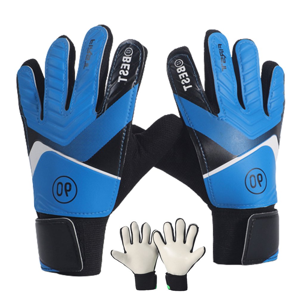 Pair of kids blue goalkeeper gloves with black wrist straps and white logo panels, textured grip palms