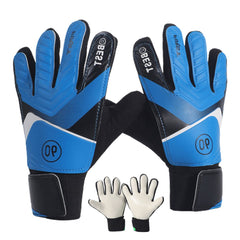 Pair of kids blue goalkeeper gloves with black wrist straps and white logo panels, textured grip palms