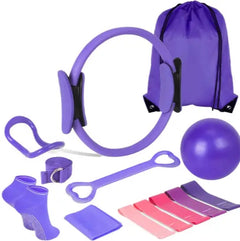 Purple yoga resistance ring with resistance straps, yoga ball, and drawstring bag