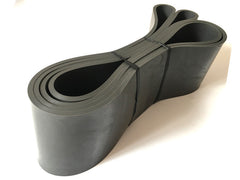 Gray latex loop resistance band with two end loops and stacked band length.