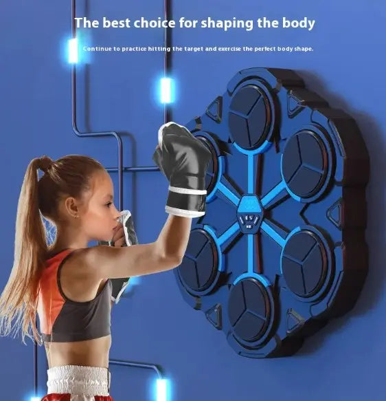 Boxing target machine wall mount with six pads; gloved person punches
