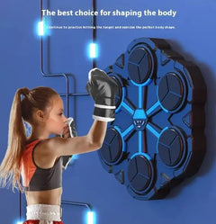 Boxing target machine wall mount with six pads; gloved person punches