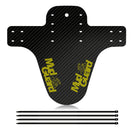 Carbon fiber mountain bike mudguard with yellow MXGuard lettering and mounting straps