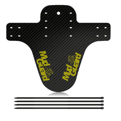 Carbon fiber mountain bike mudguard with yellow MXGuard lettering and mounting straps