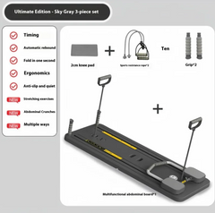 Gray ab roller board set with kneeling pad, resistance rope, and grip handles