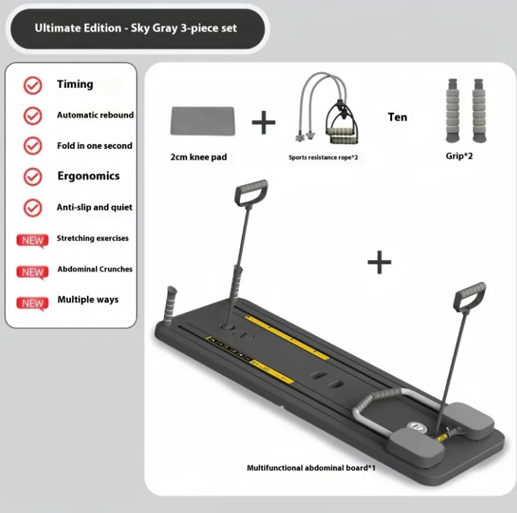 Gray ab roller board set with kneeling pad, resistance rope, and grip handles