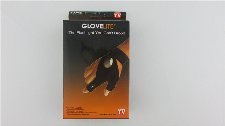 Black LED flashlight gloves retail box, front view