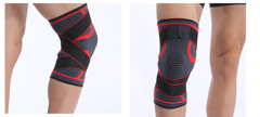 Black knee brace with shock pads and red support lines, adjustable wrap