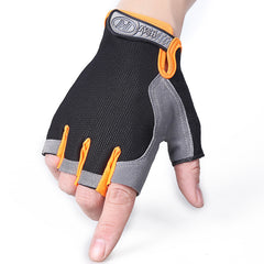 Black winter half-finger cycling gloves with orange wrist strap and gray anti-slip palm
