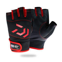 Three-finger fishing gloves, black with red logo and red-trimmed cuff