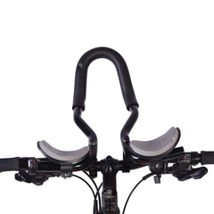 Black aero handlebar extension rest with two padded footrests on the handlebar area
