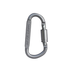 Silver aluminum D-shaped carabiner clip with 'NOT FOR CLIMBING' text on loop
