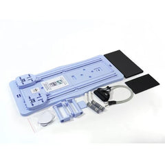 Blue compact Pilates sliding board with black end pads and resistance rope handles