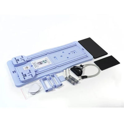Blue compact Pilates sliding board with black end pads and resistance rope handles