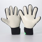Kids white goalkeeper gloves with black wrist strap and small green trim, textured finger grips