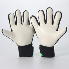 Kids white goalkeeper gloves with black wrist strap and small green trim, textured finger grips