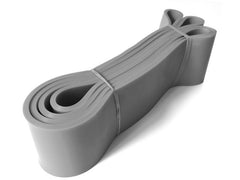 Light gray latex loop resistance band with two end loops and stacked band length.