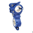 Blue bicycle light mounting bracket with two clamp rings and side hardware