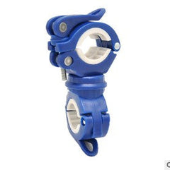 Blue bicycle light mounting bracket with two clamp rings and side hardware