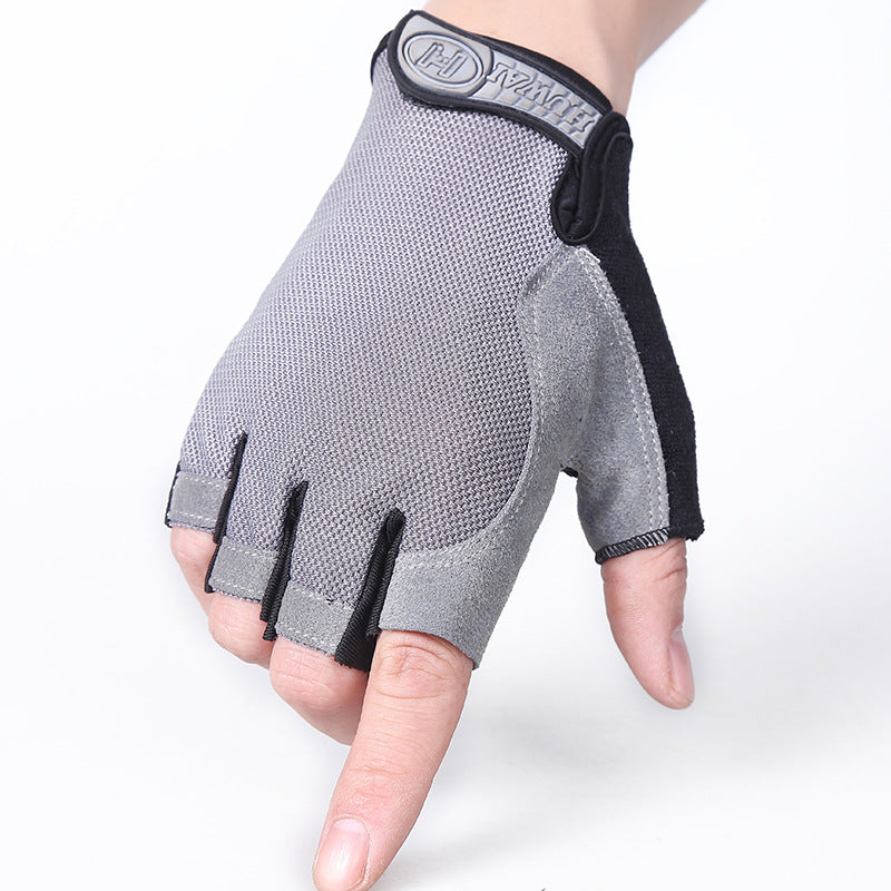 Light gray half-finger cycling gloves with black finger openings and gray padding