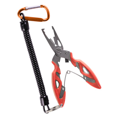 Fishing hook remover pliers with black spring belt and orange loop clip, red grips