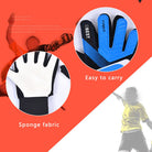 Kids blue goalkeeper glove with black wrist strap and textured grip fingers, white palm area