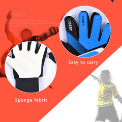 Kids blue goalkeeper glove with black wrist strap and textured grip fingers, white palm area