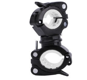 Black bicycle light mounting bracket with white inner clamp openings